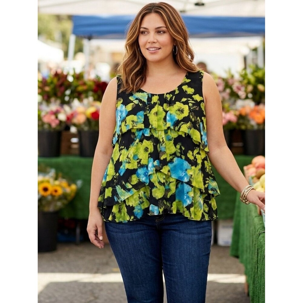 Kenneth Cole Black Floral Tiered Camisole with Lime & Blue 2X